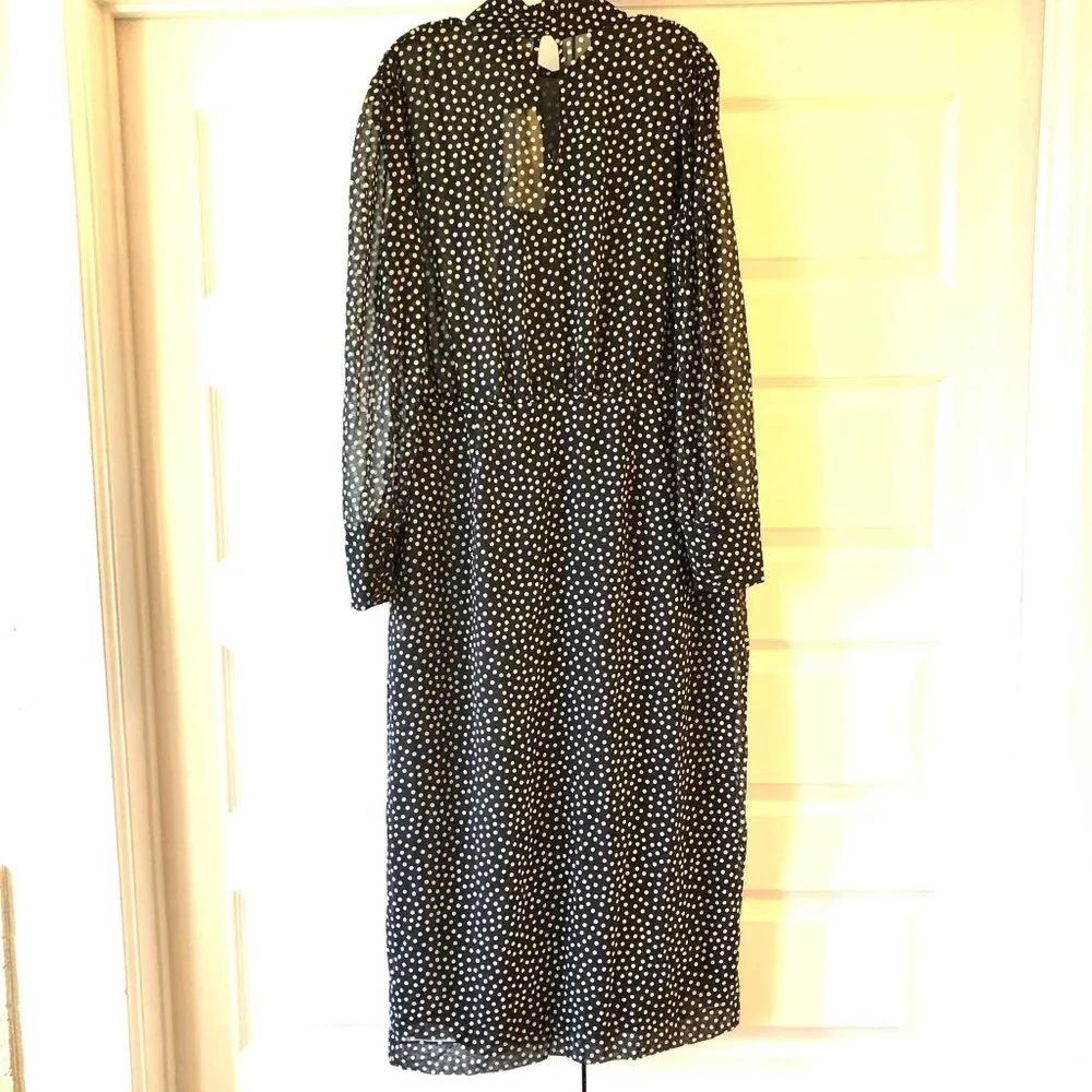 NWT ZARA High Collar Polka Dot Chiffon Long Sleeve Midi Dress Black\White XL - Picture 6 of 8